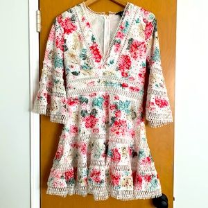 Aqua Floral Print Bell Sleeve Dress